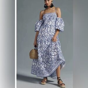 By Anthropologie Blue and White Eyelet Maxi Dress